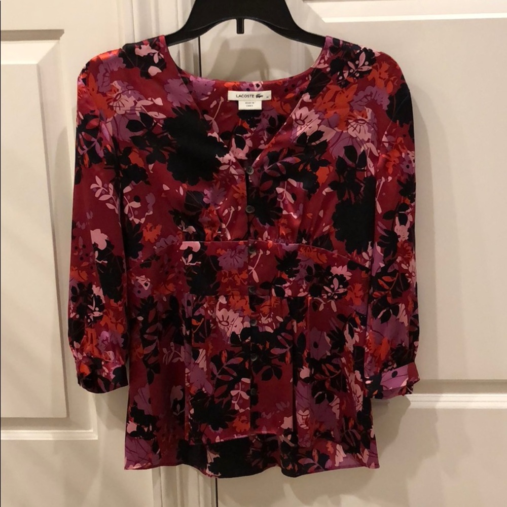 New Lacoste 100% silk moody floral plant print empire waist babydoll blouse top